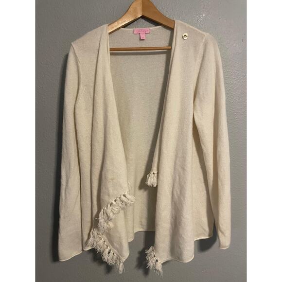 Lilly Pulitzer Cardigan Womens Large White Cashmere Fringe Open Front Read - Picture 1 of 9